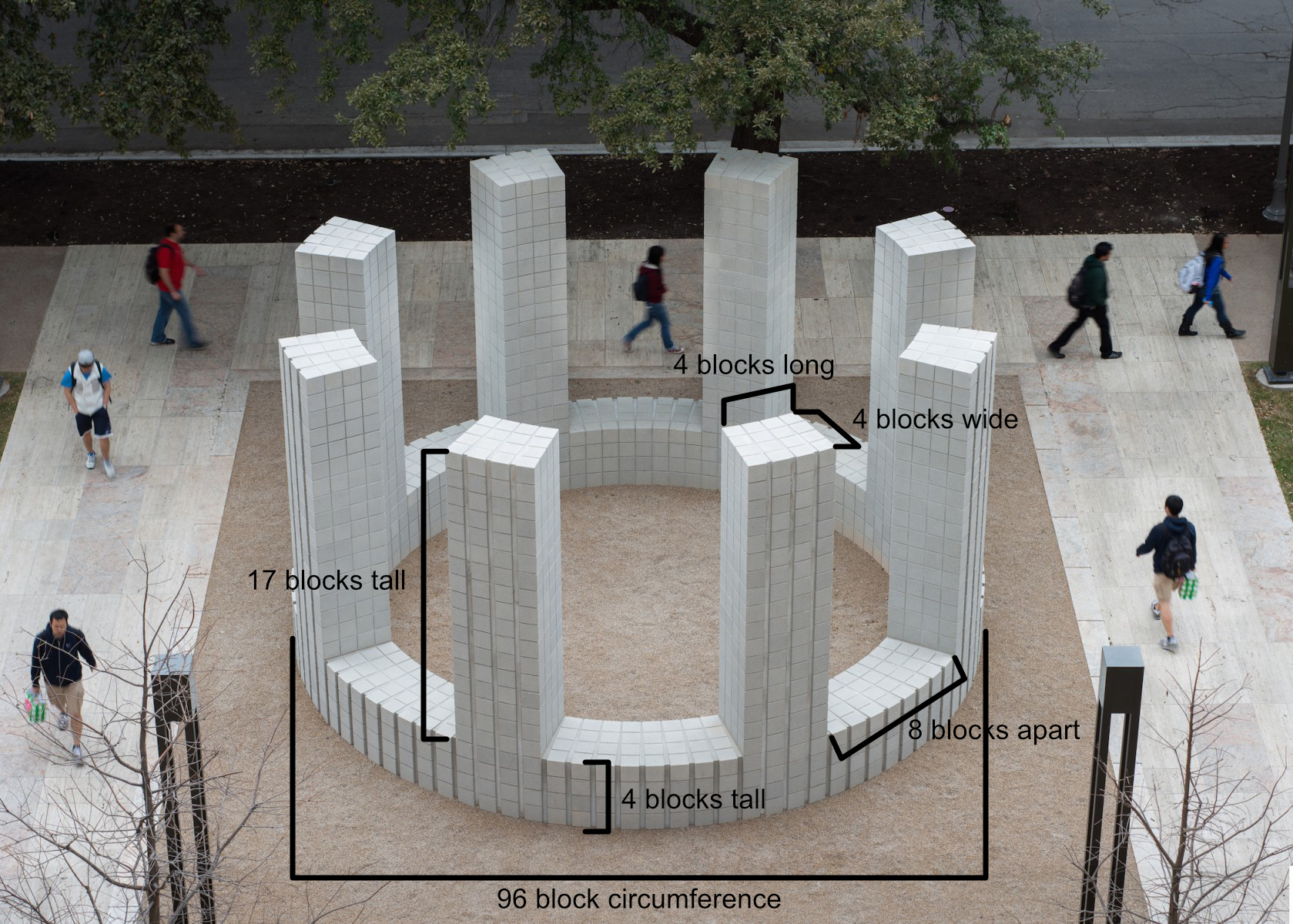The same picture of the sculpture, but with labeled dimensions listed below