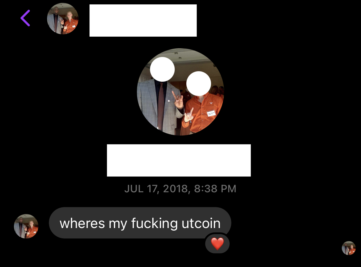 Facebook message that says, "Wheres my fucking UTCoin"