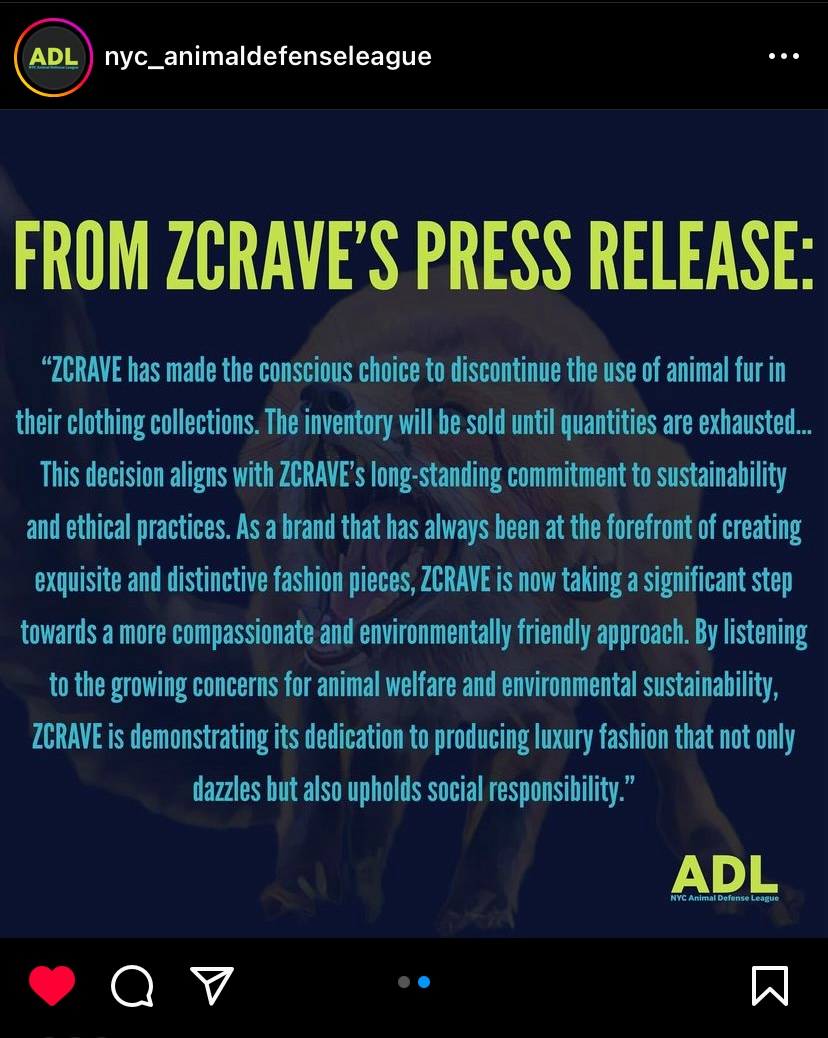 ZCRAVE press release announcing a fur-free policy