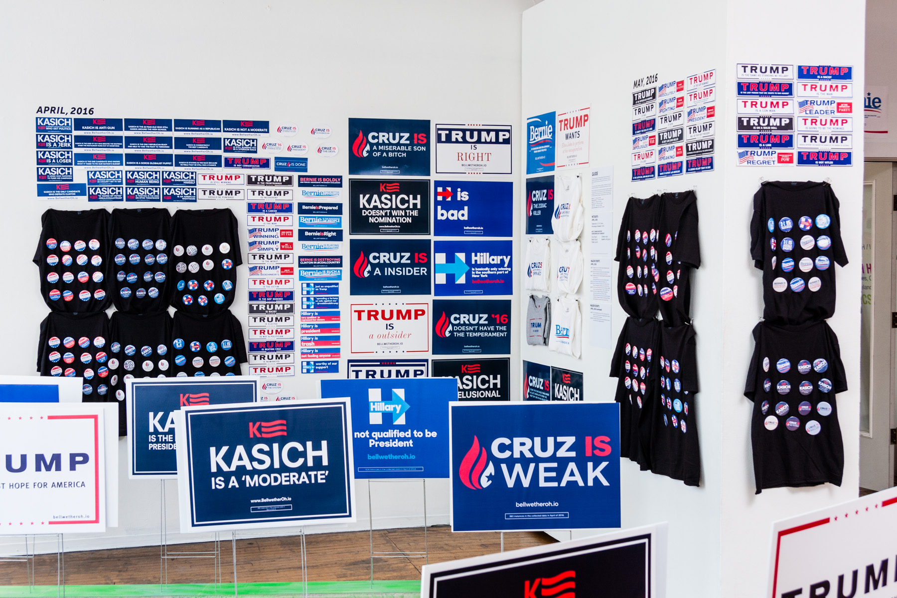 Photo of fake campaign merch from the artists exhibit
